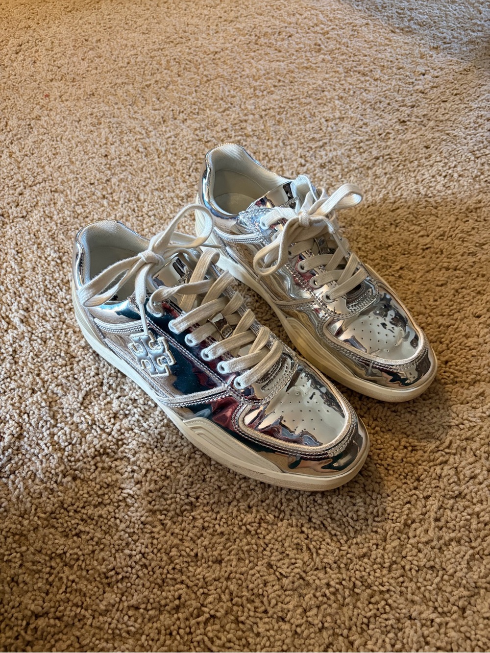 Tory Burch Metallic Silver Low-Top Lace-Up Sneakers